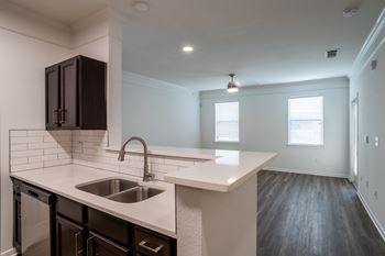 Kitchen with living room view and wooden floor